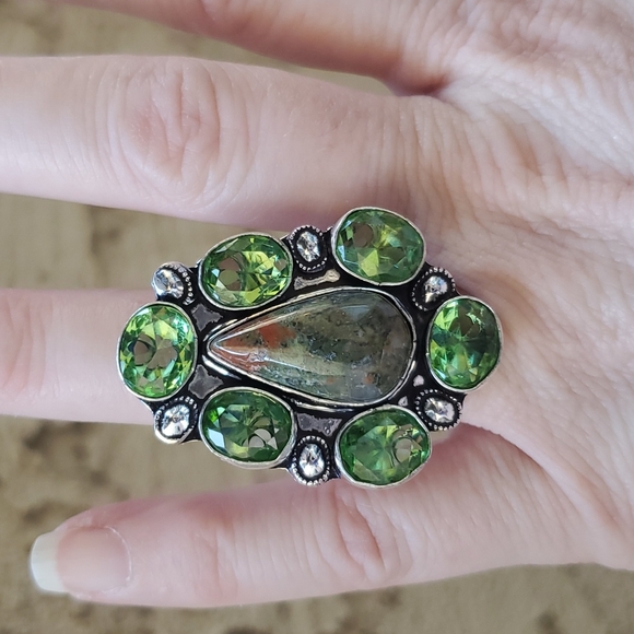 New Unakite and Tsavorite 925 Silver Statement Ring. - Picture 10 of 16